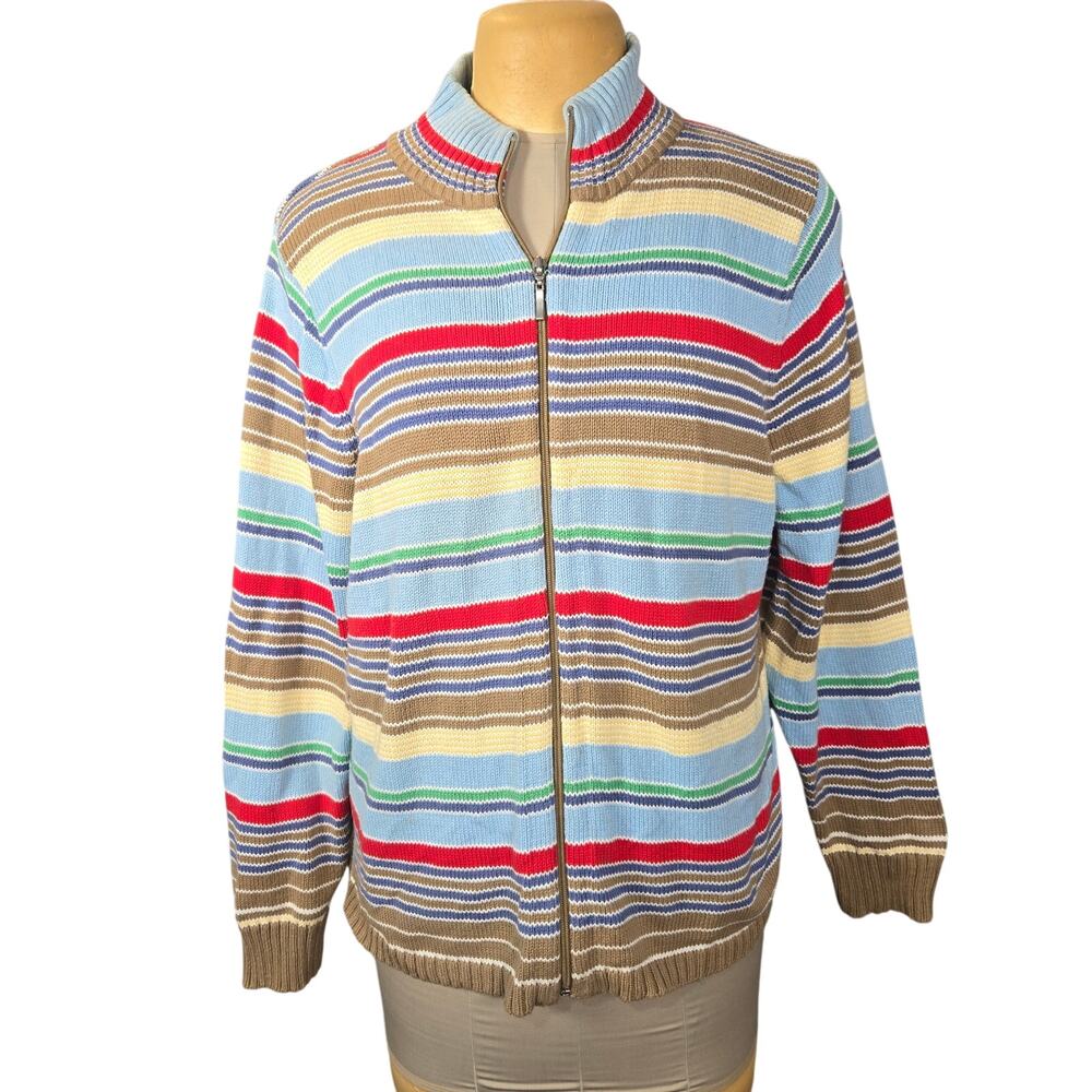 Villager Woman‎ Liz Claborne XL 2 Striped ZIp Sweater Colorful Retro Cardigan